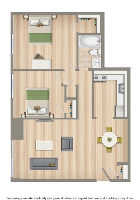 2 bedroom apartment floor plan rendering at washington view apartments in washington dc